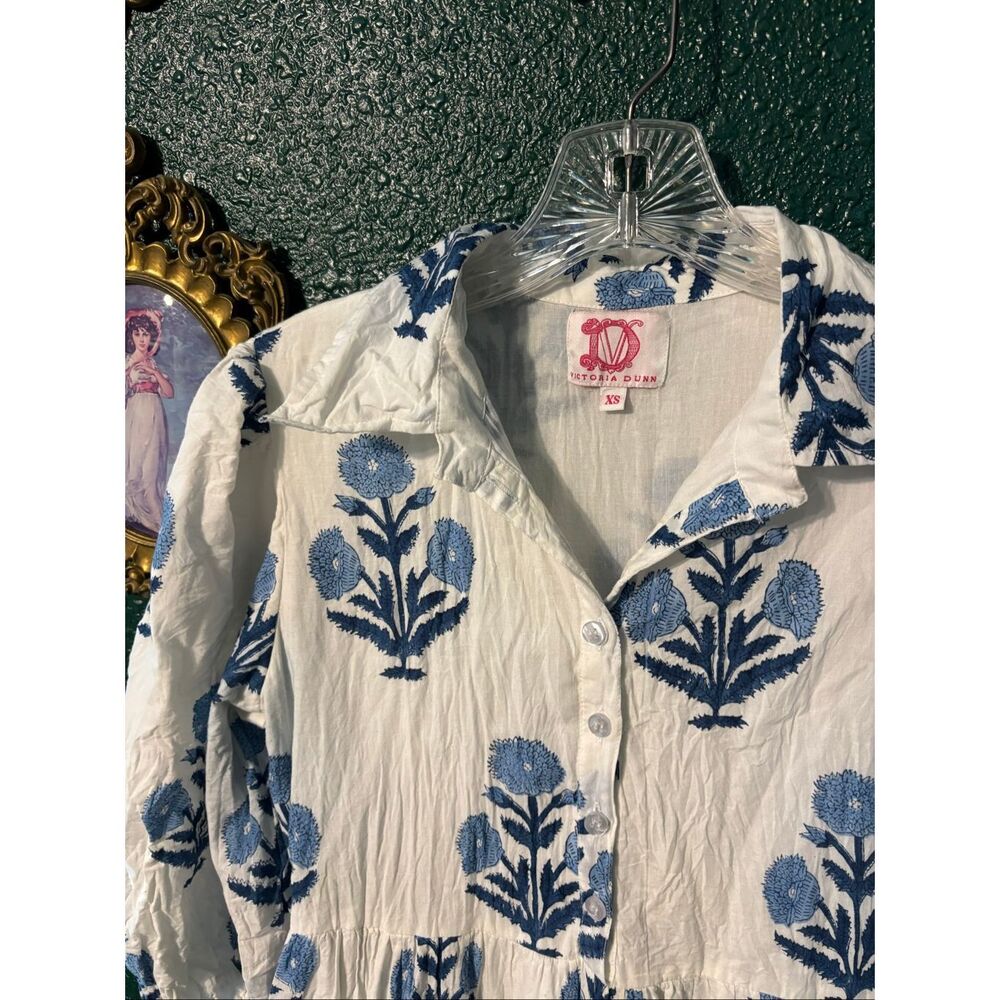 Victoria Dunn Cotton Tunic Dress Size XS White Blue Patterned With Pockets - Picture 2 of 6